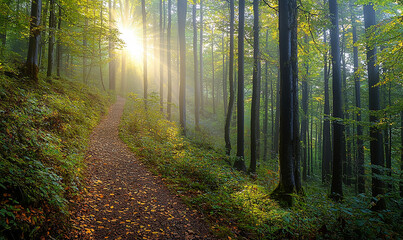 Obraz premium Beech forest, morning light on hiking path