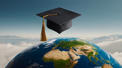 Graduation cap floating above earth symbolizing global education and learning