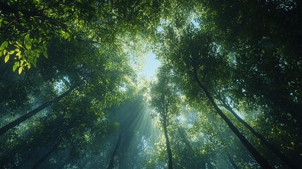 Fototapeta premium Lush Green Forest with Sunlight Streaming Through Leaves