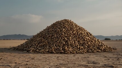 Large heap of natural plant seeds in barren landscape with mountain backdrop