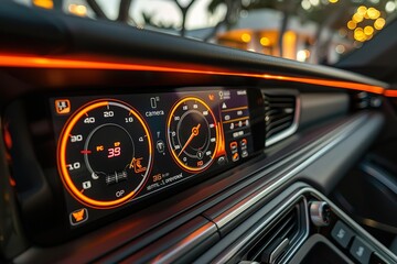 Close-up of a car's digital dashboard, with a bright orange light illuminating the display.