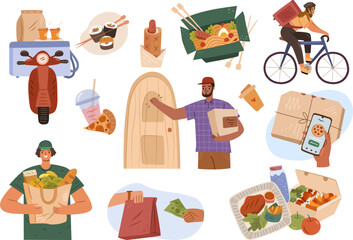 Scenes with delivery service of takeaway food