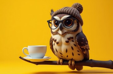 An owl with a cup of coffee wearing glasses on a yellow background in a cute hat