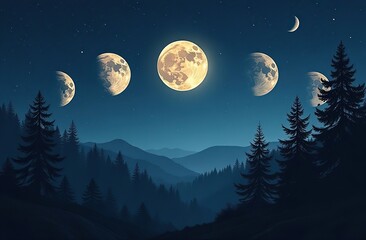 Phases of the Moon: waxing crescent, first quarter, waxing gibbous, full moon, waning gibbous, third guarter, waning crescent. Forest landscape with stars 