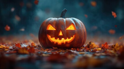 Halloween pumpkin glowing on autumn leaves in a spooky forest