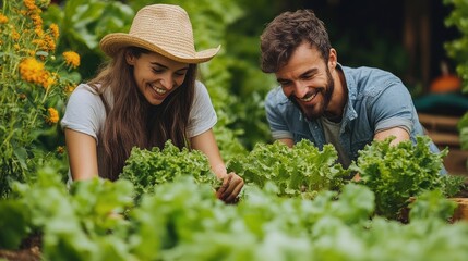 Couple of farmers taking care of aromatic plants in a garden center