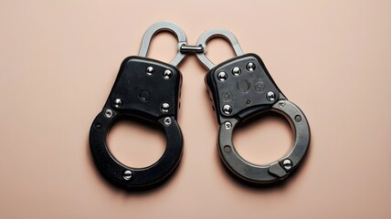 Close up of black metal handcuffs on plain background symbolizing security and justice