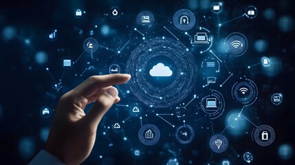 Hand touching a digital screen with icons of technology and online network connection, cloud storage, or security system on a dark blue background