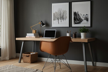 Scandinavian Home Office Design: Modern Aesthetic with Wooden Mock-Up Frame and Sleek Accessories