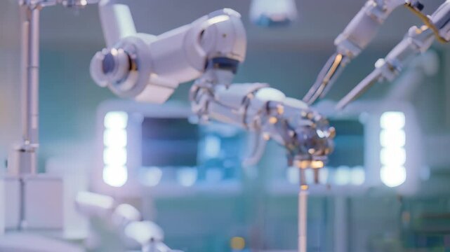 A robotic hand firmly grasping a blood drop against the sterile backdrop of a hospital setting, Nano-robots performing surgical operation