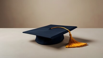 Graduation cap with golden tassel on neutral beige background