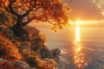 A cozy cabin nestled on a cliff overlooking the ocean, bathed in the golden glow of sunset.