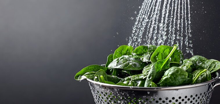 Refreshing and Crisp Spinach Leaves Under a Gentle Waterfall of Clean Water in the Kitchen. Healthy Food Concept