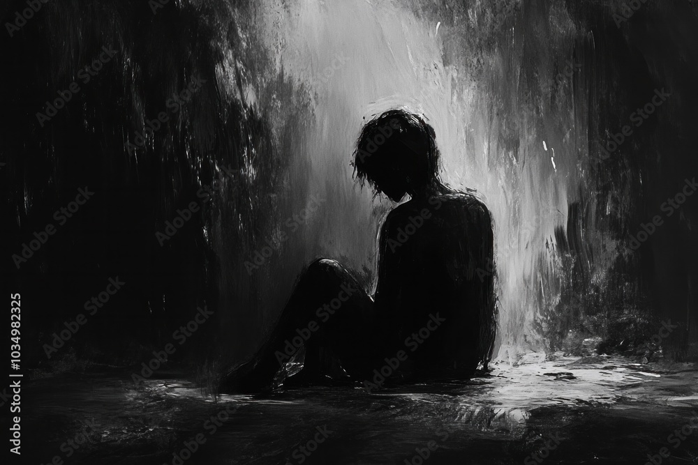 Wall mural the connection between loneliness and depression, with a person sitting in darkness, overwhelmed by 