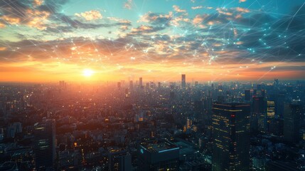 Obraz premium Cityscape with Sunset and Network Connections