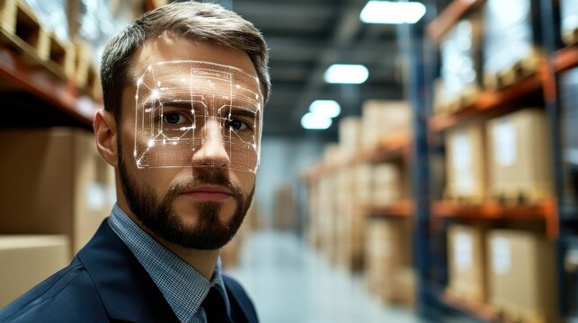 Warehouse security with facial recognition: A high-tech warehouse security system using facial recognition to monitor and control access, identifying authorized personnel in real-time - Powered by Adobe