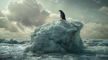 A penguin perched atop a chunk of ice submerged in the ocean