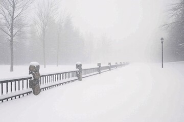 Obraz premium A snow-covered countryside with traditional stone fences, enveloped in soft morning fog, paints a picture of a rustic winter landscape