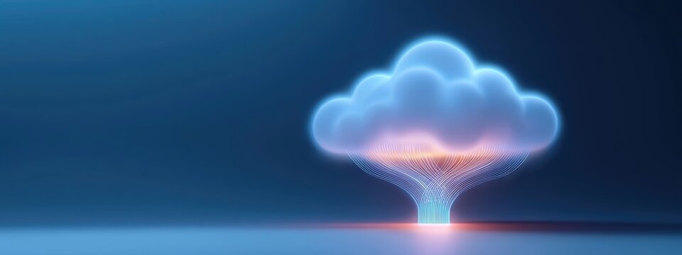 This high-fidelity illustration features a modern cloud computing icon, representing digital solutions in a futuristic blue environment. Ideal for tech-related projects.