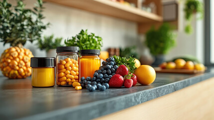 Modern kitchen countertop with neatly organized vitamin bottles and fresh fruits, promoting health and wellness