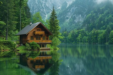 Fototapeta premium A wooden cabin sits on the edge of a tranquil lake, surrounded by lush greenery and majestic mountains.
