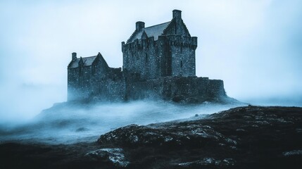 Naklejka premium A Stone Castle Emerges From Fog on a Misty Hillside
