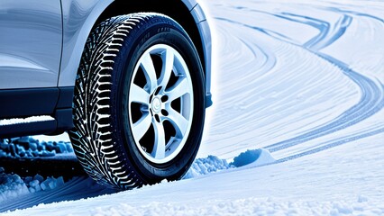 Close-up of a car tire on a snowy road, showcasing winter tread patterns and snowy tire tracks for winter driving