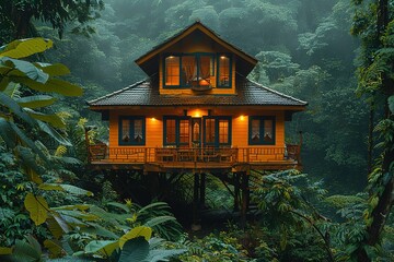 A charming wooden cabin nestled in a lush green forest setting.