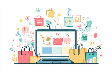 Fototapeta premium A vibrant illustration showcases a laptop displaying a shopping cart, surrounded by various shopping bags and playful product icons, embodying online shopping energy.