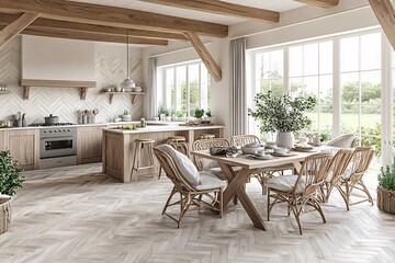 Fototapeta premium Modern Farmhouse Kitchen with Dining Area and Natural Light