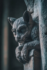 dark moody stone gargoyle sculpture with claws in cathedral building