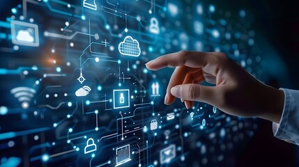 Hand touching a digital screen with icons of technology and online network connection, cloud storage, or security system on a dark blue background