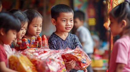 A heartwarming scene capturing children joyfully donating toys and clothes during the Mahayana New Year celebration. This festive moment embodies the spirit of giving and community