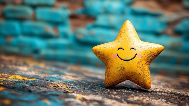 Shiny golden star with a smiling face, representing customer satisfaction, happiness, and playful vibes for kids