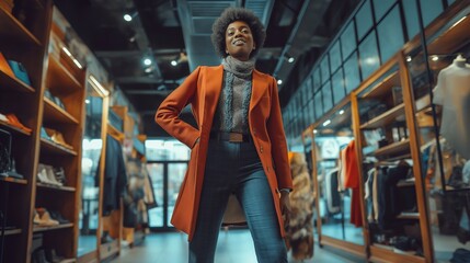 Fototapeta premium A fashionable smiling woman in warm trendy winter outfit on a background of a clothing store, winter shopping and the festive season of New Year’s. A happy young girl is a customer in a shop