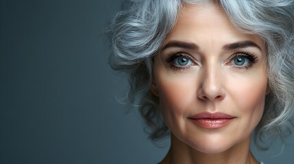Fototapeta premium Senior woman with silver hair and gentle wrinkles, gradually transforming into her youthful self, smooth skin, and radiant features, symbolizing rejuvenation