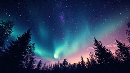 Naklejka premium Stunning Aurora Borealis Over Forest Landscape at Night