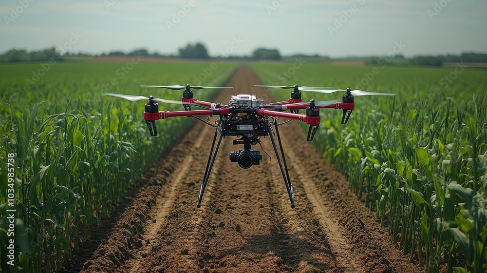 Poster a drone hovers above a vibrant cornfield, navigating the rows of crops under a blue sky. the technol