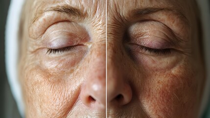 Comparison of senior woman's skin, from textured and lined on one side to youthful, radiant, and smooth on the other, showing skin transformation