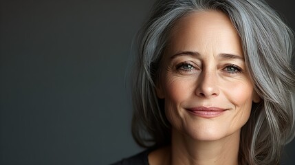 Fototapeta premium Senior woman with wrinkles and gray hair, gradually transforming into a younger version with dark, luscious hair and smooth, radiant skin