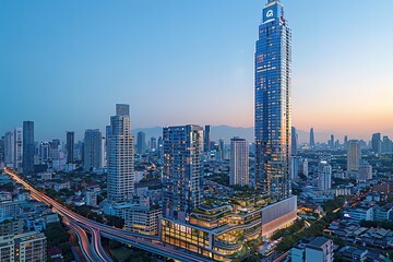 Fototapeta premium A tall skyscraper dominates the skyline of a bustling city.