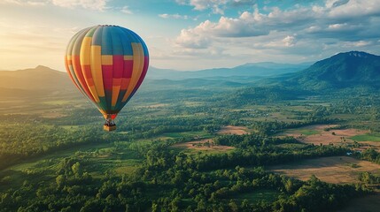 Naklejka premium Colorful Hot Air Balloon Over Scenic Landscape
