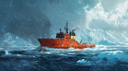 An icebreaker ship navigating through icy waters.