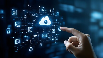 Hand touching a digital screen with icons of technology and online network connection, cloud storage, or security system on a dark blue background