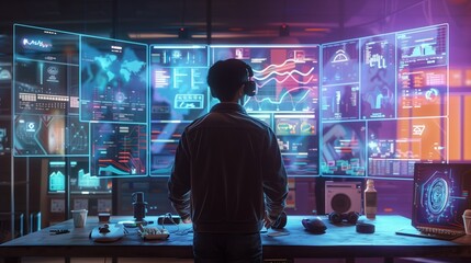 A modern workspace featuring a user engaging with high-tech virtual reality displays showcasing data and analytics. The scene reflects innovation and productivity in a digital environment.