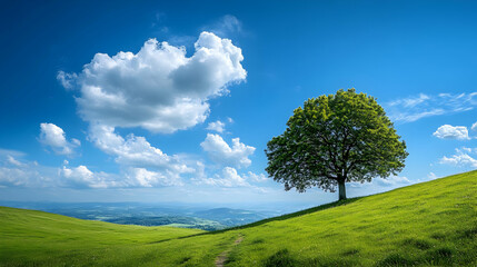 Fototapeta premium A Single Tree Standing Tall on a Green Hill with Blue Sky and Clouds