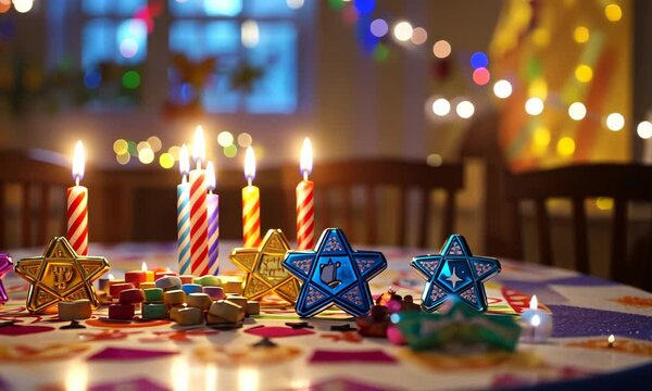 Hanukkah gelt and dreidels on a festive holiday table