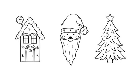 Christmas tree, cartoon Santa Claus and gingerbread house. Vector illustration of doodle icons.