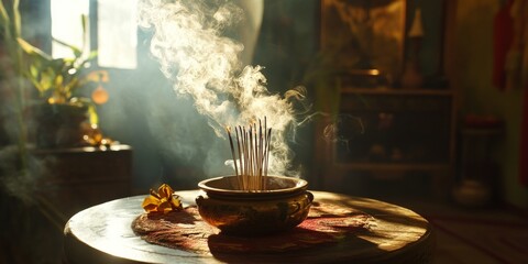 A table inside holds incense sticks that are burning and giving off smoke