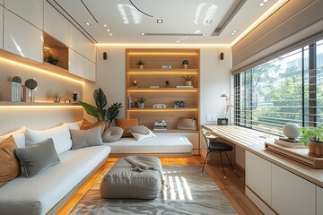 Fototapeta premium Modern living room with a couch and a desk, decorated in a minimalist style.